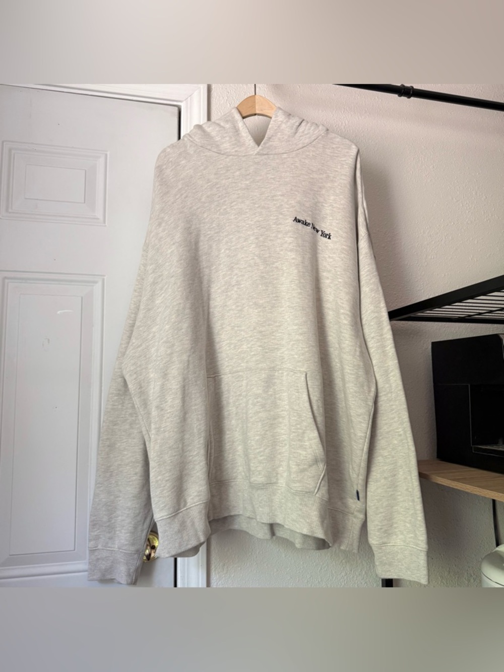AWAKE NEW YORK Heather grey cream cotton fleece logo oversized hoodie‎ sweater